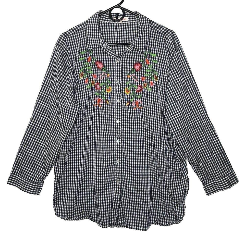 Grand & Greene Blouse XL Plaid Embroidered Floral Boho Cottagecore Gingham‎